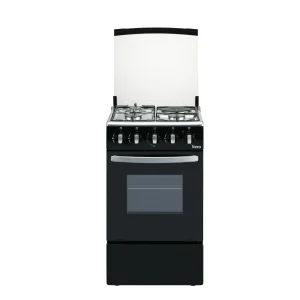 Cocina a gas NERO 522E negra, vista frontal, horno cerrado