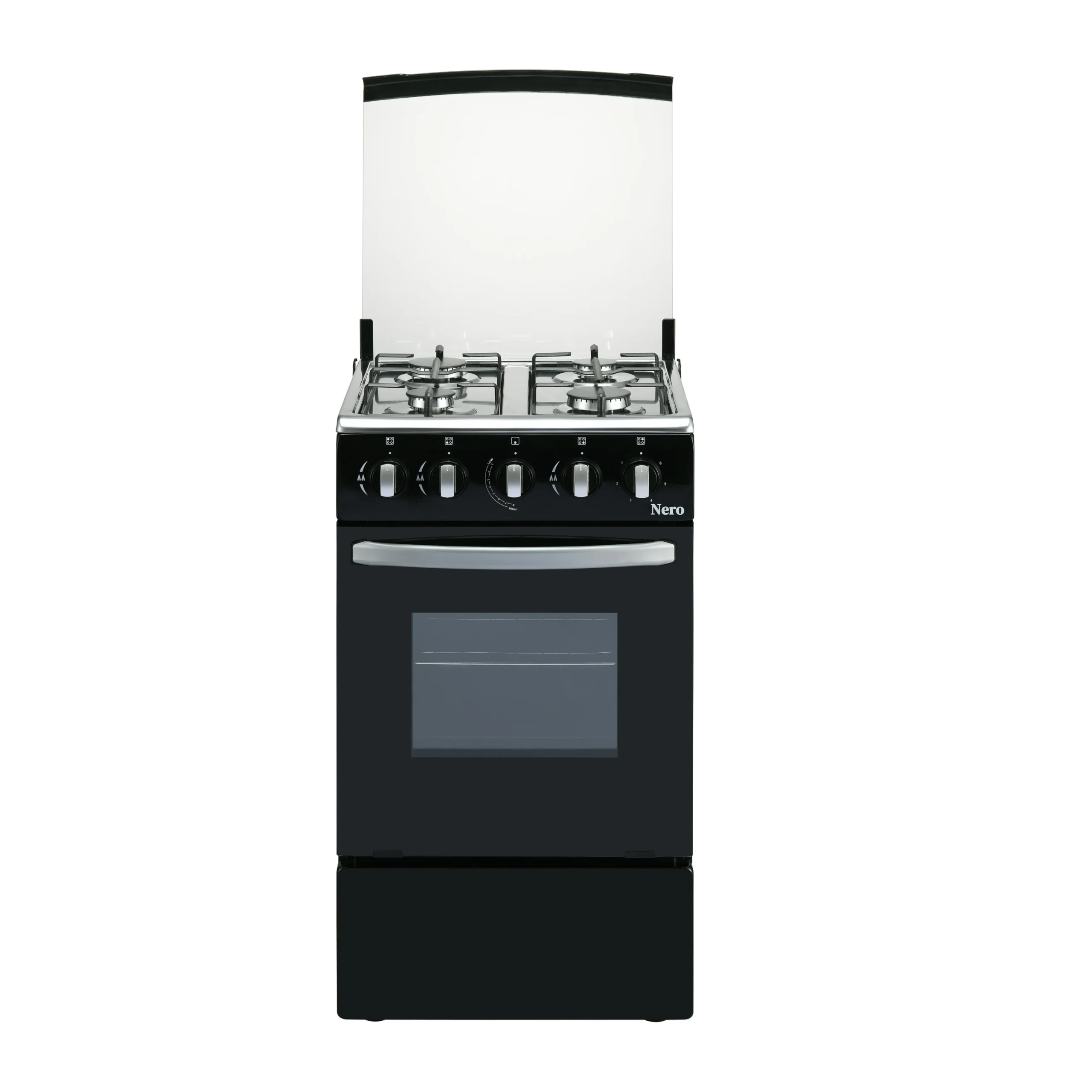 Cocina a gas NERO 522B negra, vista frontal, horno cerrado