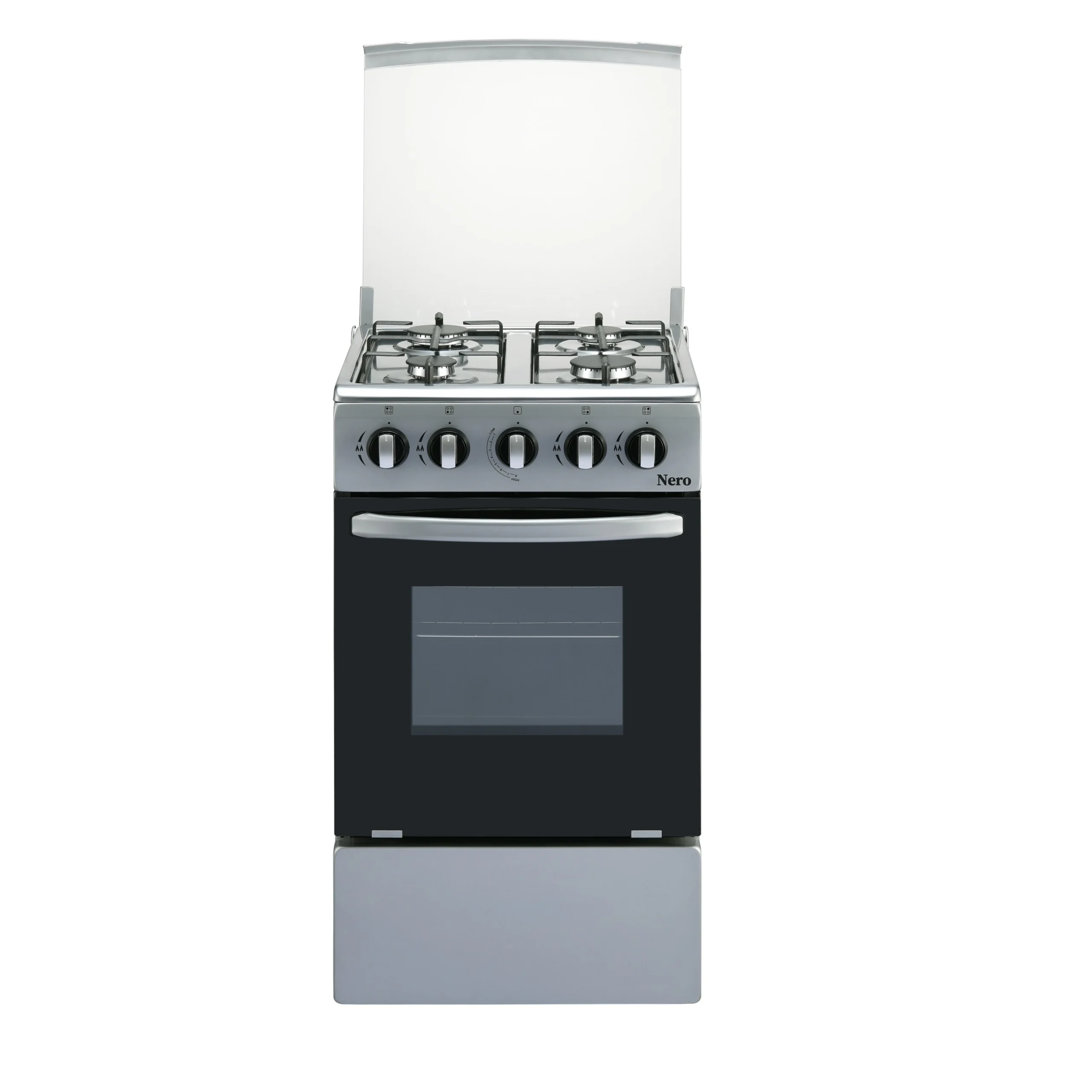 Cocina a gas NERO 522W gris, vista frontal, horno cerrado