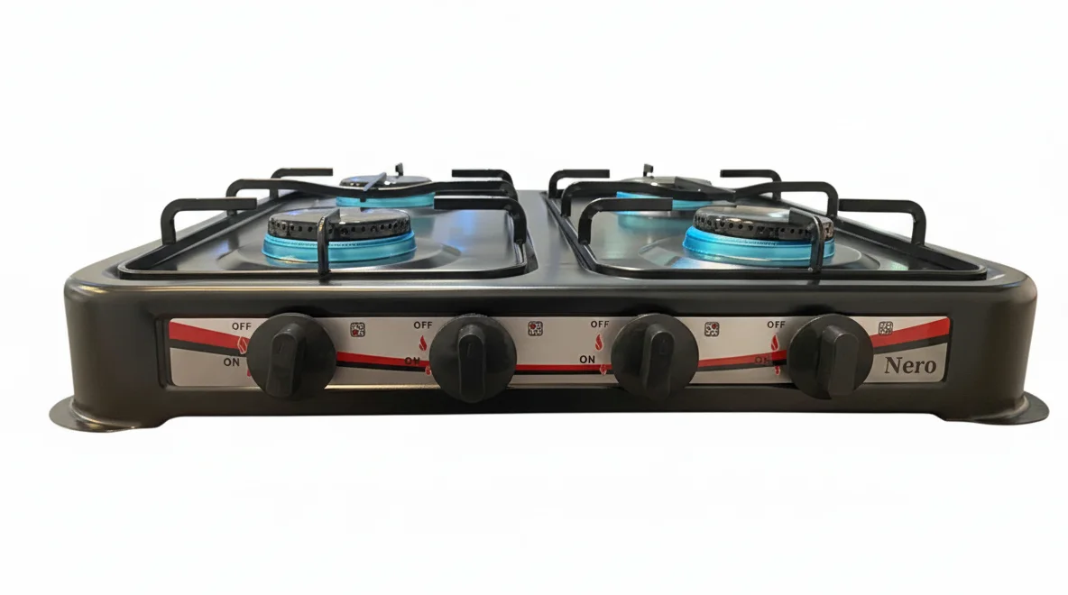 Cocina a gas NERO NR-04N negra, vista frontal, diseño amplio