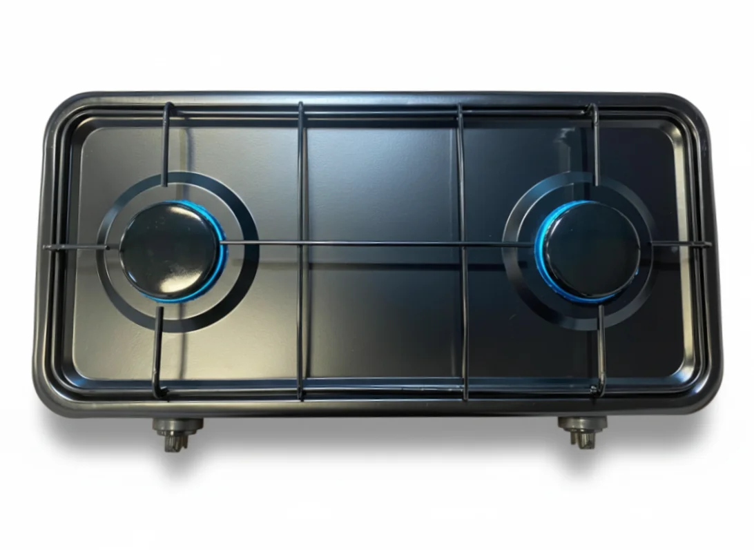 Cocina a gas de mesa NERO NR-02N negra, vista superior, 2 hornillas