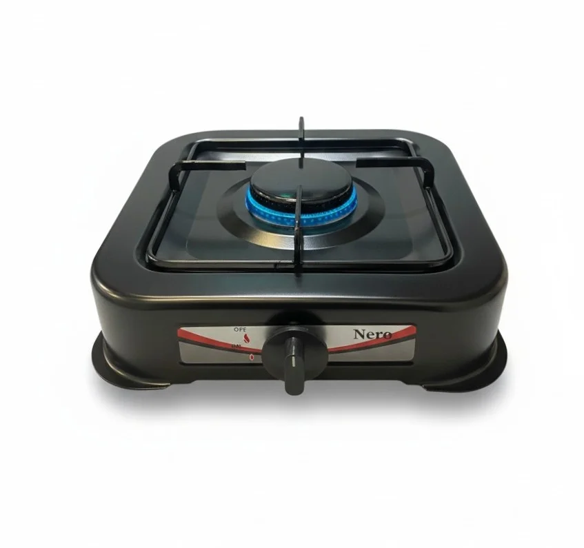 Cocina a gas NERO NR-01N negra, vista en ángulo, 1 hornilla