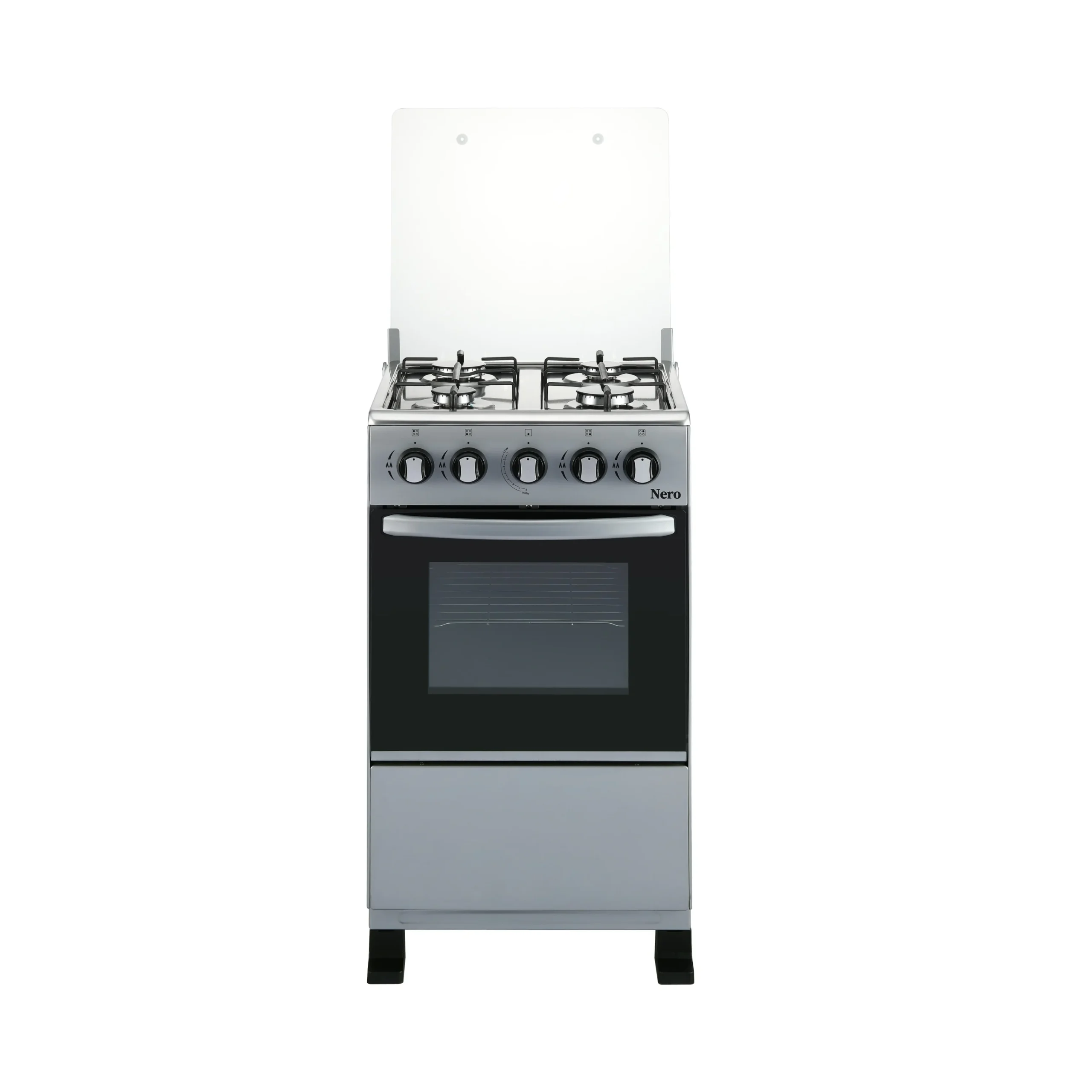 Cocina a gas NERO 511S gris, vista frontal, horno cerrado