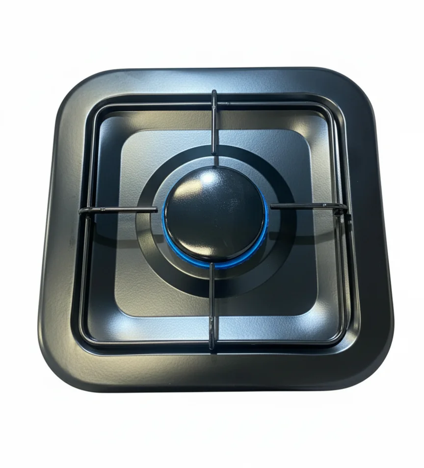 Cocina a gas NERO NR-01N negra, vista frontal, diseño compacto