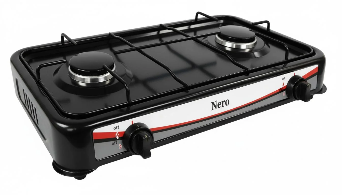 Cocina a gas NERO NR-02N negra, vista frontal, diseño compacto