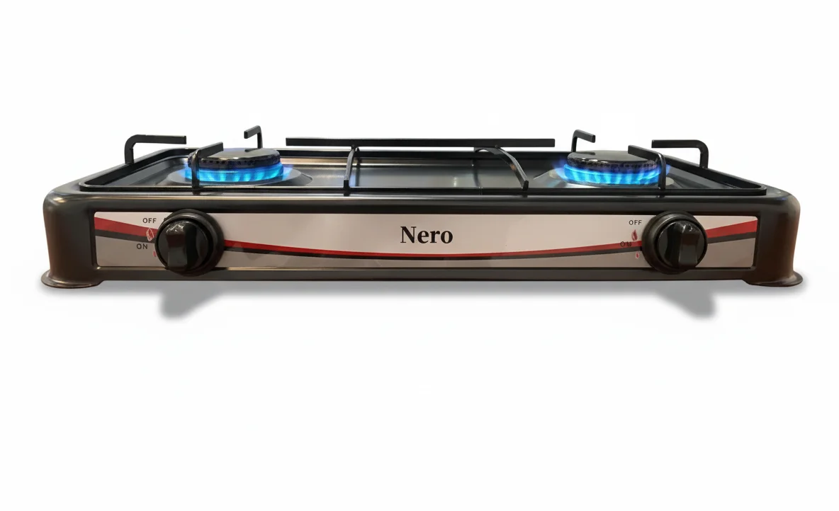 Cocina a gas NERO NR-02N negra, vista en ángulo, 2 hornillas