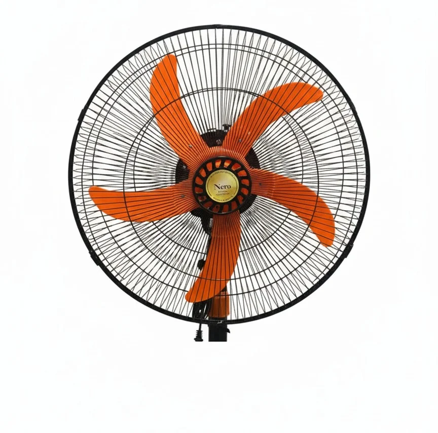 Ventilador NERO 18-5 con aspas naranjas, vista lateral, diseño de pedestal, 18 pulgadas